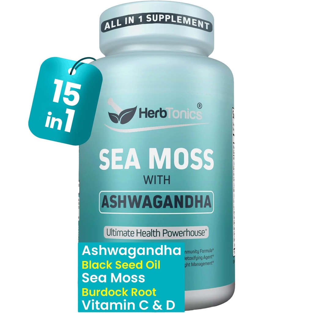 Herbtonics Sea Moss, Black Seed Oil, Ashwagandha, Burdock Root & ACV Complex | Boost Immunity, Reduce Stress, Support Digestion | 올인원 SeaMos 캡슐 | 60 캡슐