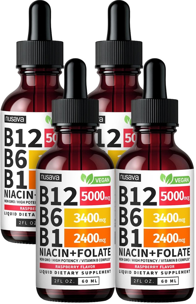 (4 팩) 비타민 B12 및 B6 액체 드롭, B12 서브 언어 비타민 B 복합체 - B 12 비타민 5000mcg - 에너지, 뇌 및 심장 지원을위한 B12 Methylcobalamin 27,200 mcg, 라즈베리, 80 서빙