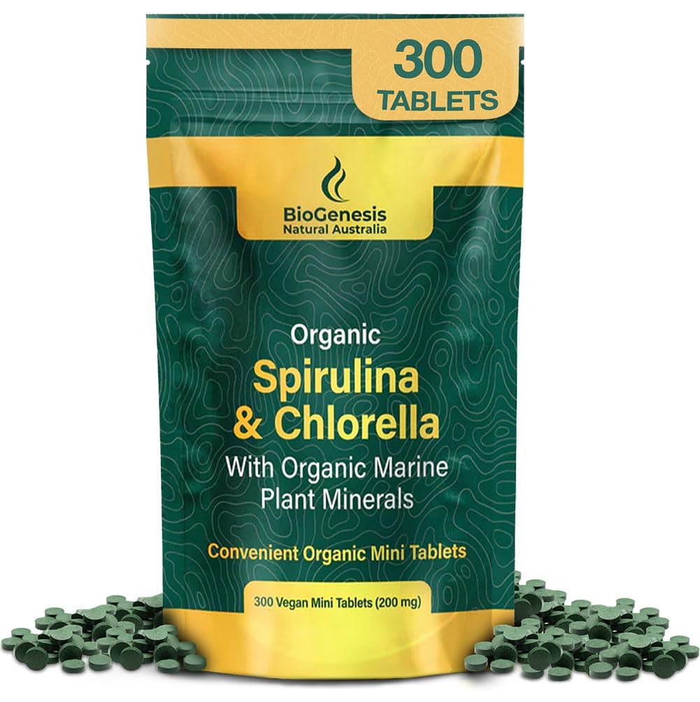 Biogenesis Organic Spirulina, Chlorella & Marine Plant Minerals – 300 Count (200 mg) | 호주 Grown Algae Superfood | 지원 에너지 및 면역성 | Vegan Mini Tablet