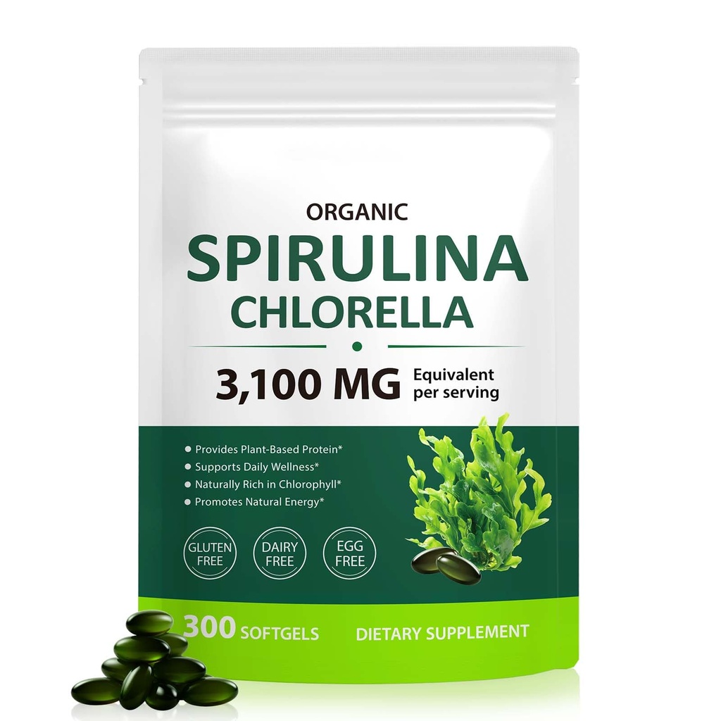 Tiuedu Spirulina Chlorella Softgels 300 캡슐, 1개의 녹색 Nutrient 혼합 Spirulina Chlorella Softgels, 식물 단백질, 비타민, 클로로필, Softgel를 가지고 가기 위하여 쉬운