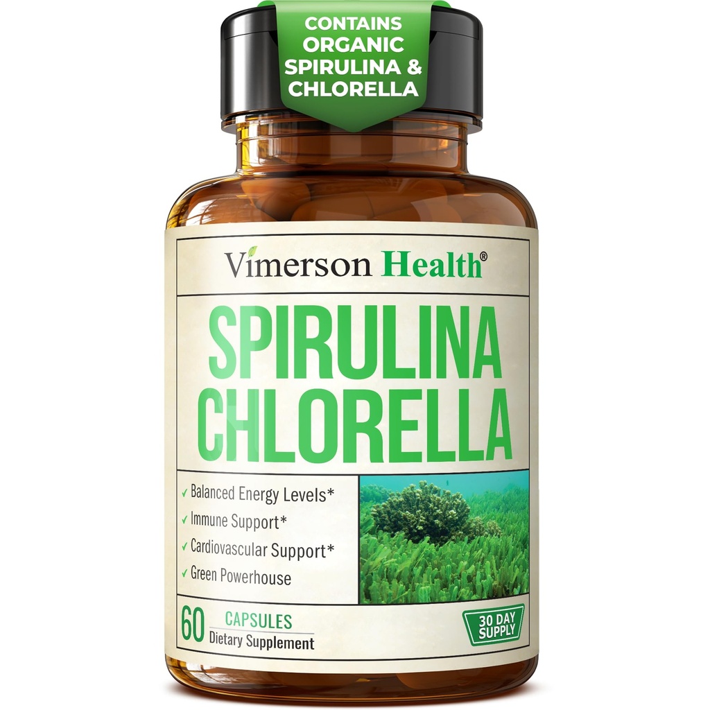 유기 Spirulina와 Chlorella 캡슐 - Immune, 산화 방지제 및 에너지 지원을 위한 Chlorella 분말을 가진 Spirulina 캡슐. 영양이 풍부한 슈퍼 그린. Vegan & Non-GMO. 제 3 자 시험. 60의 모자