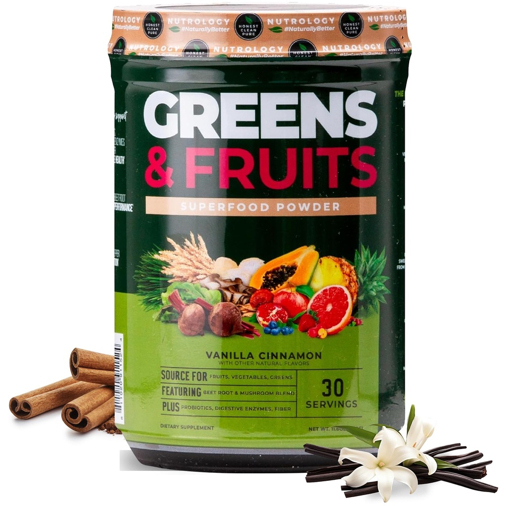 Nutrology 녹색 & 과일 분말 - 자연적으로 Sourced Superfood, Beet 분말, 버섯 혼합, Probiotics, 소화 효소, 섬유, 산화 방지제, 면역 지원, 글루텐 무료 - 바닐라 Cinnamon