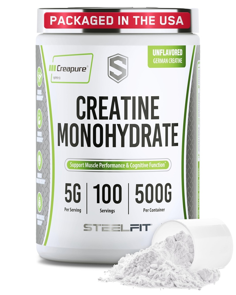 SteelFit Creapure Creatine Monohydrate 분말, Unflavored - 남자 & 여자를 위한 독일 Micronized Creatine 분말 - 근육 이익, 뇌 건강 & 힘 건물을 위한 체육관 운동 영양 보충교재