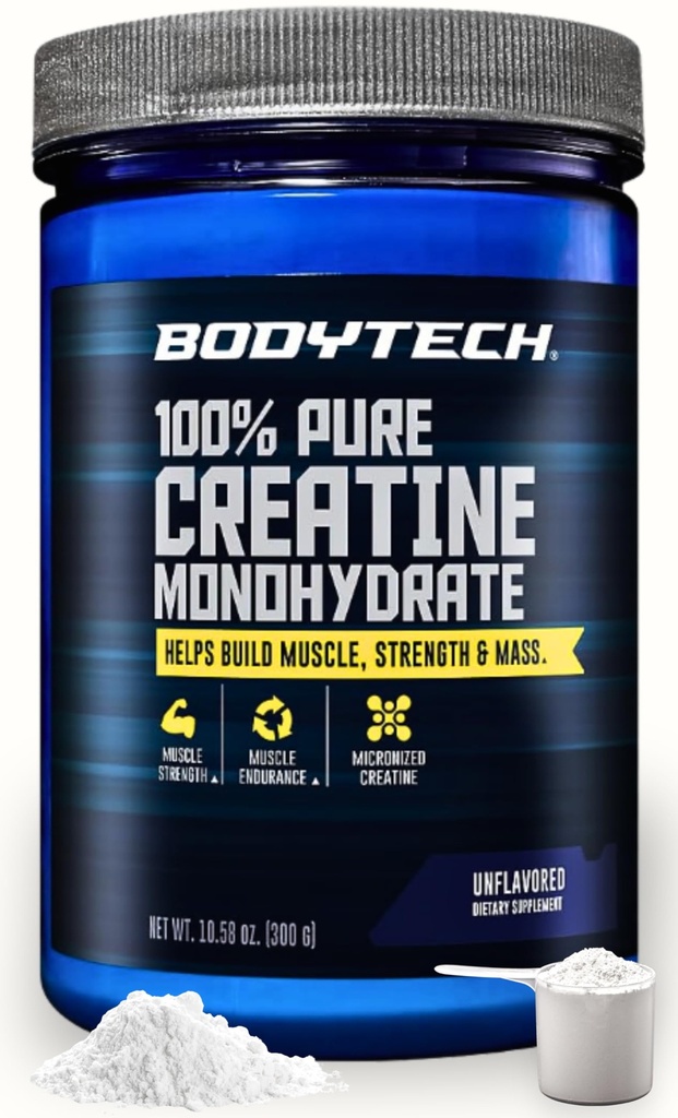 BodyTech Creatine Monohydrate 분말, 남자와 여자, 서빙 당 5g, 사전 운동 & 포스트 운동 보충, 글루텐 무료, 설탕 무료, 10.58 Oz, 60 서빙