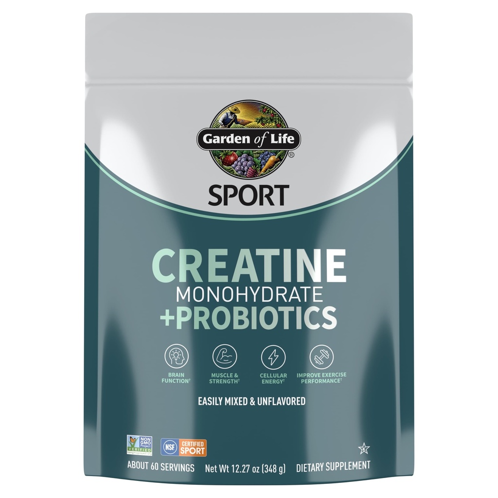 Creatine Monohydrate Powder for Women and Men by Garden of Life, 근육, 힘, 성능, 스포츠 아미노산 에너지를위한 Probiotics와 Micronized Pre Workout, 약 60 쉬운 혼합 Unflavored 서빙