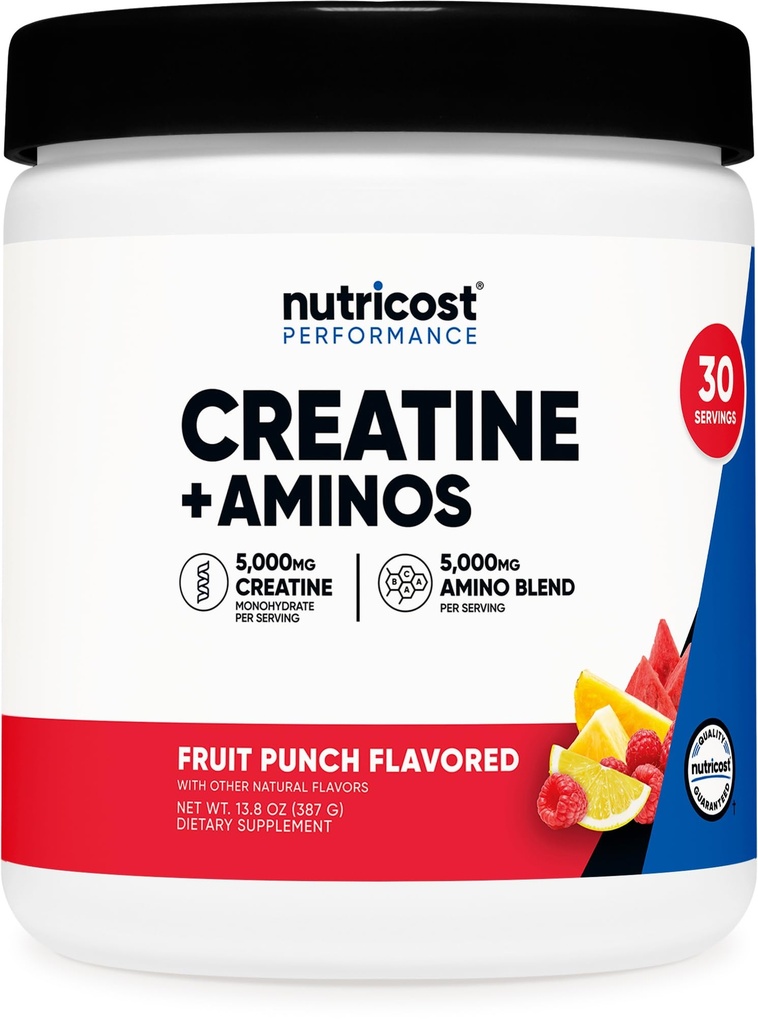 Nutricost 크레아틴 + 아미노 30 서빙 (Fruit Punch flavored) - 5,000mg 크레아틴 Monohydrate + 5000mg 아미노산 BCAA 혼합