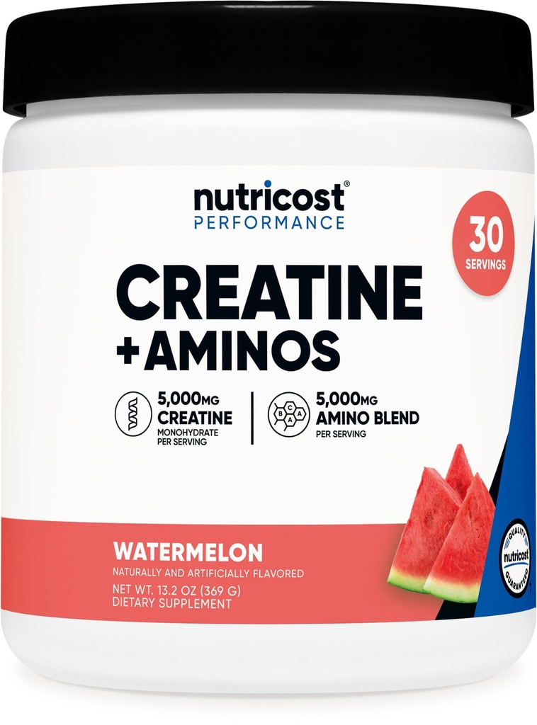 Nutricost 크레아틴 + 아미노산 30 서빙 (수박 맛) - 5,000mg 크레아틴 Monohydrate + 5000mg 아미노산 BCAA 혼합