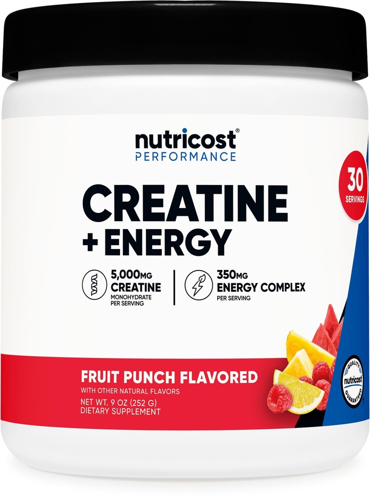 Nutricost Creatine + 에너지 30 서빙 (Fruit Punch flavored) - 봉사 당 5,000mg Creatine Monohydrate + 350mg 에너지 단지