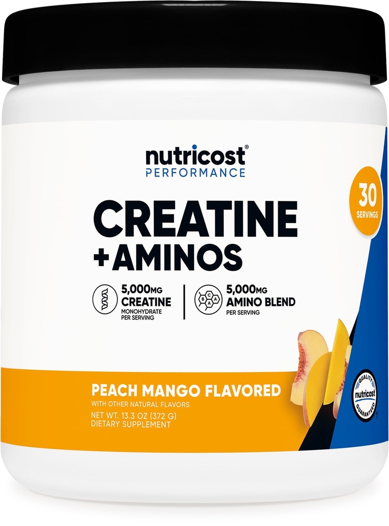 Nutricost 크레아틴 + 아미노산 30 서빙 ( 복숭아 망고 맛) - 5,000mg 크레아틴 Monohydrate + 5000mg 아미노산 BCAA 혼합