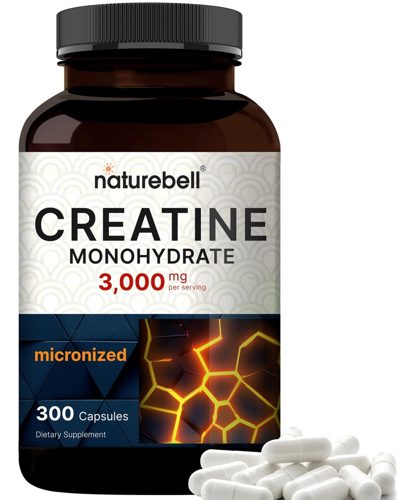 NatureBell Creatine Monohydrate 캡슐 서빙 당 3,000mg, 300 개 | Micronized, Unflavored Creatine 알약 | 사전 운동 및 근육 힘 지원 | 삼키기가 쉽고 필러 무료 | 50 인