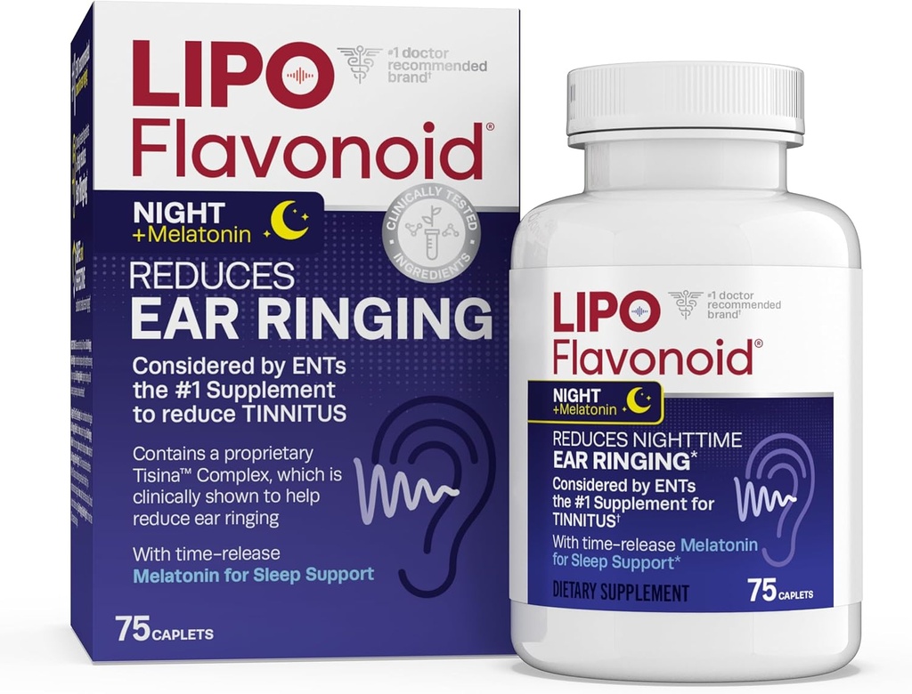 Tinnitus 구호를위한 Lipo-Flavonoid 야간 PM - Melatonin, Bioflavonoids, & Vitamin C와 수면 보조 - 귀, 귀 건강, & Relaxation에서 반지링 - Lipo-Flavonoid Plus - 75 Caplets와 함께 사용하십시오