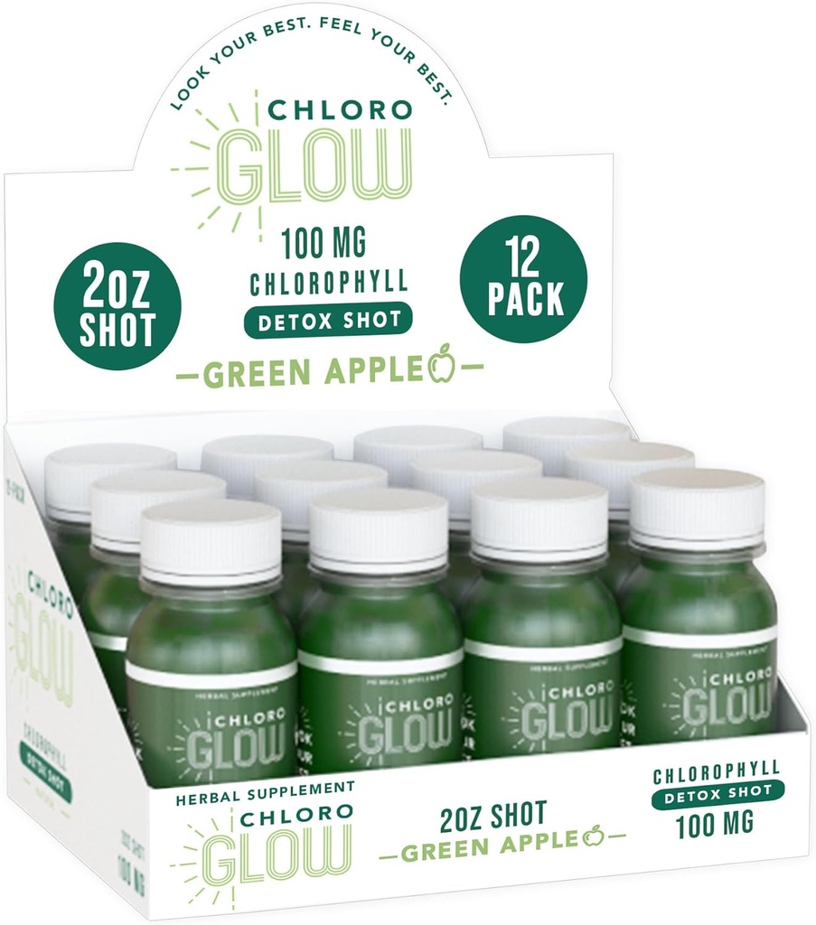 Chloroglow Chlorophyll Shot – Immune Support & Body Cleanse의 유기농 플랜트 기반 그린 애플 음료 – 천연 보충 (12 팩)