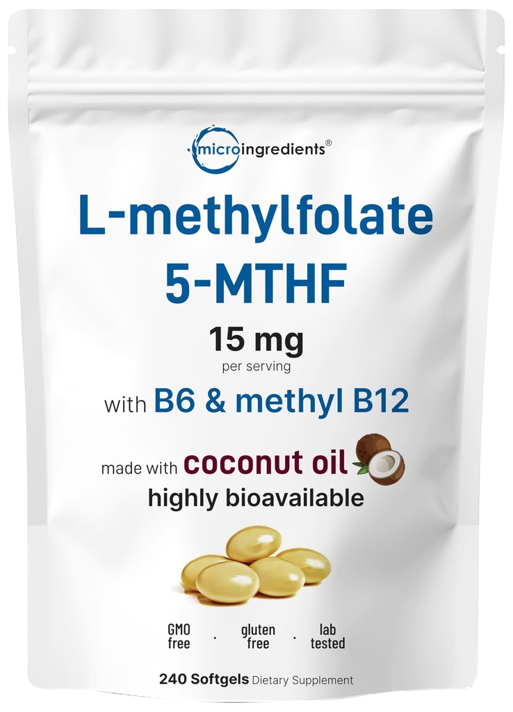 마이크로 성분 L Methylfolate 15mg, 240 Softgels | B6 & 메틸 B12를 가진 활동적인 5-MTHF | 코코넛 기름을 가진 메틸을 섞는 비타민 B9