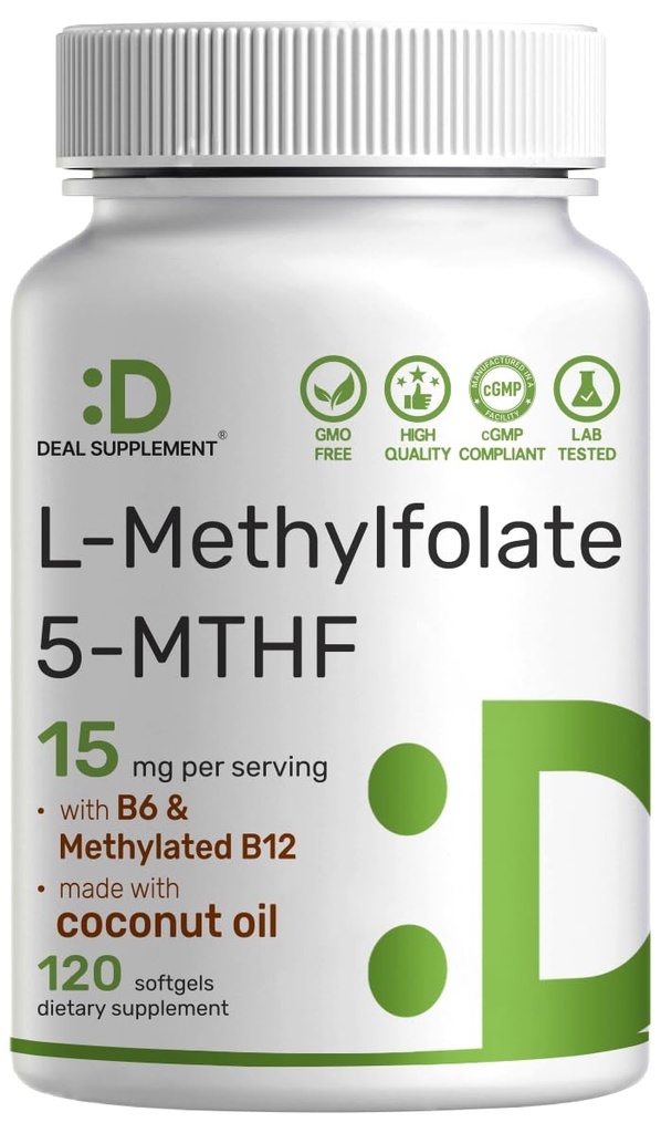 DEAL SUPPLEMENT L-Methylfolate 15 mg 서빙, 120 코코넛 오일 Softgel | 3-in-1 활성 5-MTHF 메틸화 비타민 B9, B6 및 메틸화 B12 | 활성 Folate 보충 | Non-GMO, 글루텐 무료