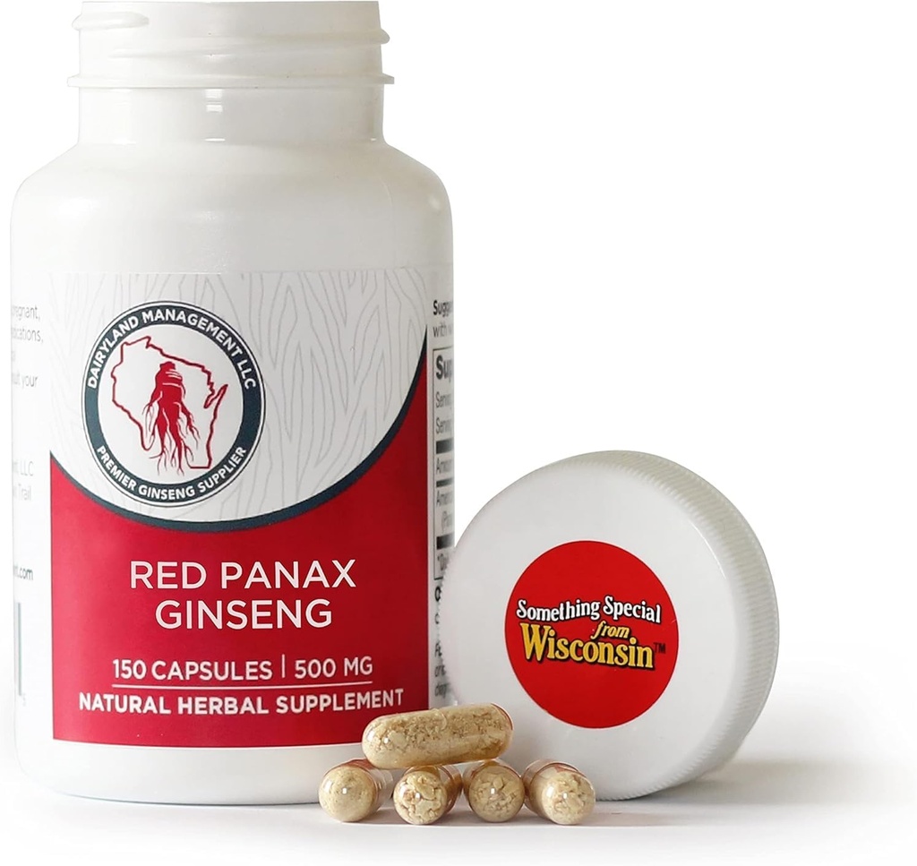 Dairyland Management LLC 100% 확실한 한국 빨간 Panax 인삼 캡슐 -500 mg. 유력한 지상 인삼 뿌리 추출물 분말 - 충전물 없음, 바인더 또는 다른 첨가물. (150 ct)