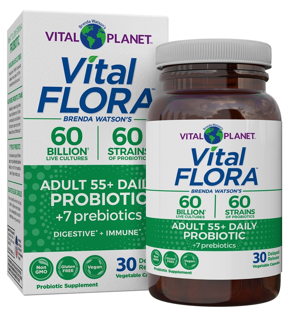 Vital Planet - 50 일간의 Probiotic 60 Billion CFU, 60 Diverse Strains, 7 Organic Prebiotics, Immune Support, Gas, Digestive Health Probiotics for Women and Men, 30 캡슐