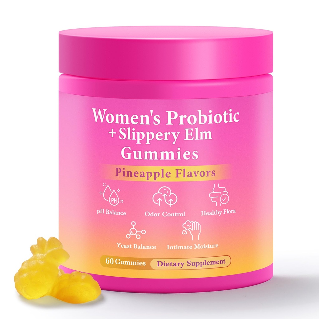 BURMINY Her Juicy Feminine Probiotics Gummies, 여성 pH 밸런스 및 신선도를위한 Slippery Elm과 프리미엄 Feminine Balance Probiotics - 매일 웰빙 및 편안함 60 Pineapple Gummies 지원