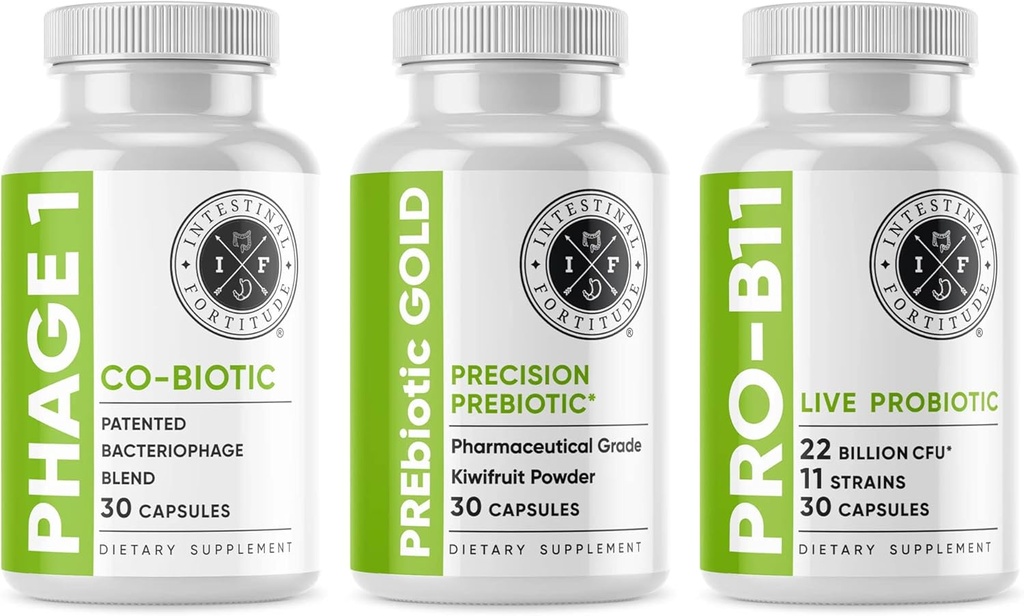 Intestinal Fortitude Gut 건강 보충교재 뭉치 - PREbiotic 금, PRO-B11, Phage 1 - w/Gold Kiwifruit Pectin, SCFA 및 Microbiome 지원을 위한 22 Billion CFU, 글루텐, 콩, & 낙농 자유로운 캡슐