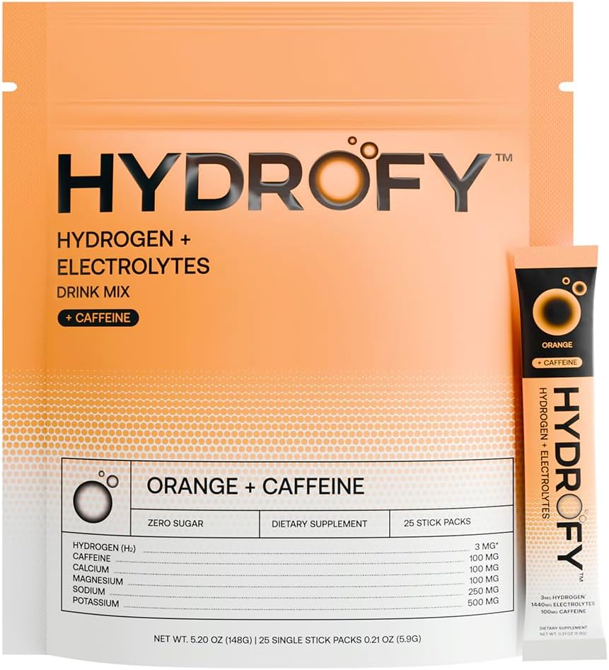 Hydrofy Hydrogen Water + Electrolytes Drink Mix | 분자 수소, 나트륨, 칼륨, 마그네슘, 칼슘 및 미네랄이 함유 된 H2 하이드로 션 패킷 | 설탕 | 오렌지 + 카페인 25ct