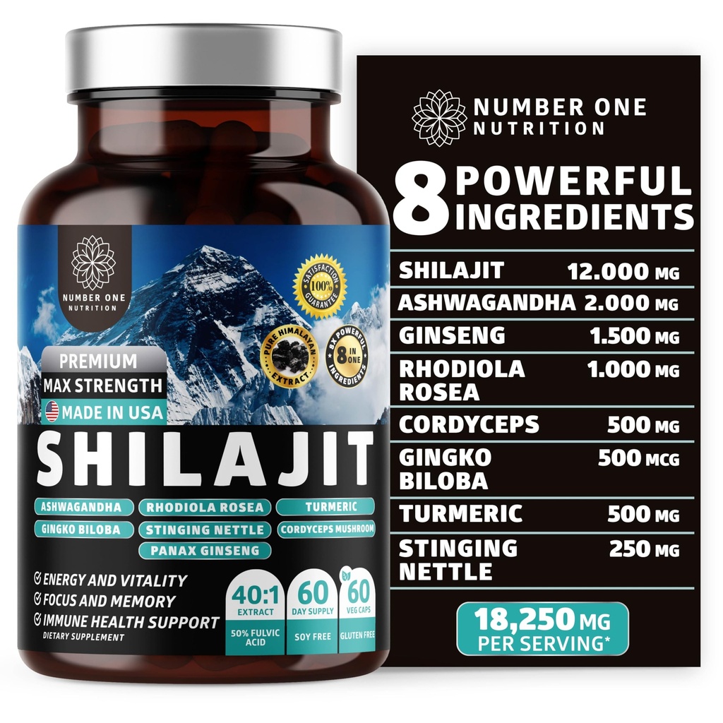 여성과 남성용 Pure Himalayan Shilajit [50% Fulvic Acid] Ashwagandha, Ginseng, Turmeric, Gingko Biloba, Sting Nettle, Energy & Immunity, 60Caps를 지원하는 Cordyceps보다 더 나은