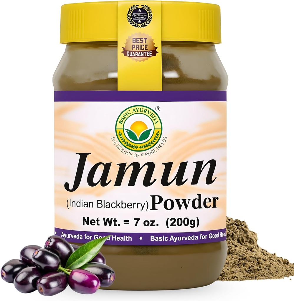 기본 Ayurveda Jamun 분말 – 7.05 Oz (200g) | 인디언 블랙베리 과일 분말 | 일일 사용을위한 자연 초본 보충 | 항 산화제에 풍부한 | Vegan & 글루텐 프리