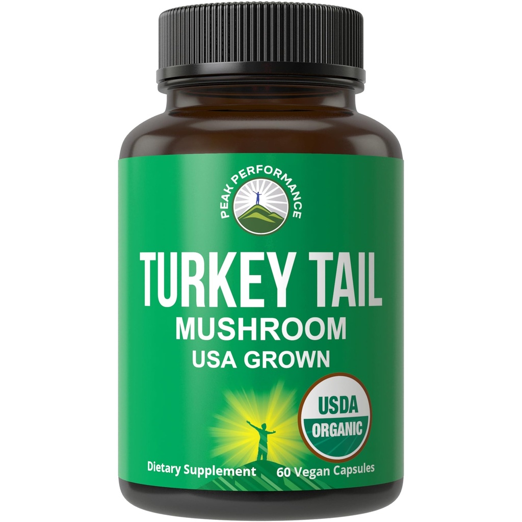 피크 성능 유기 터키 테일 캡슐 - 미국은 Real Turkey Tail Mushroom으로 제작되었습니다. Immune System Support Naturally Harvested Mushroom은 면역력을 향상시킵니다. Vegan 보충교재 추출물