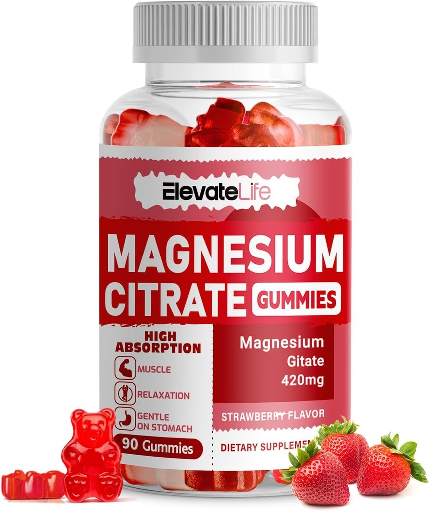 마그네슘 글리세린 Gummies 1000mg - 비타민 D, B6, Calm Mood & 수면 지원을위한 CoQ10과 설탕 무료 마그네슘 칼륨 보충제 - 60 Strawberry Gummies