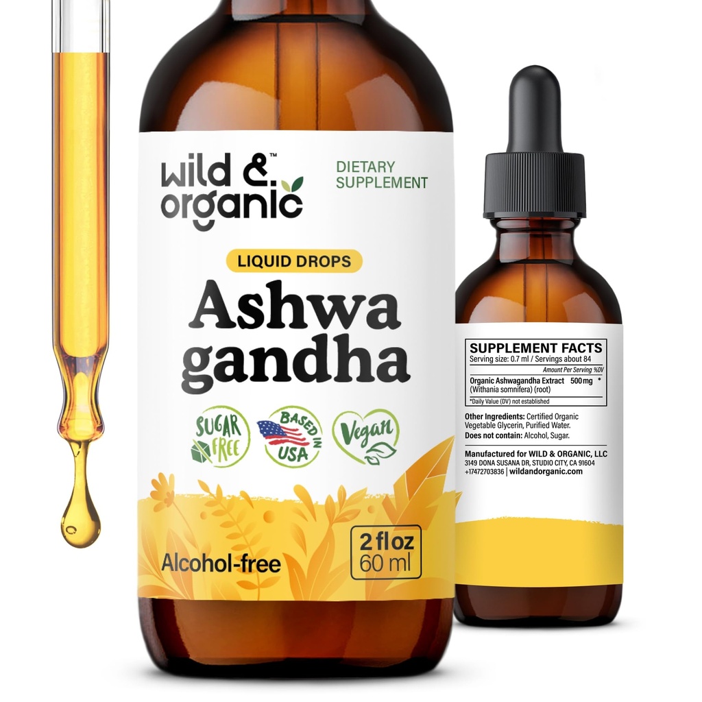Wild & Organic Ashwagandha Liquid Drops - Relaxation을위한 Calming Ashwagandha 뿌리 추출물 - 1 개월 공급 - 여성 및 남성을위한 초본 보충 교재 - 채식주의자, 설탕 및 알코올 프리 태피스 - 2 fl oz