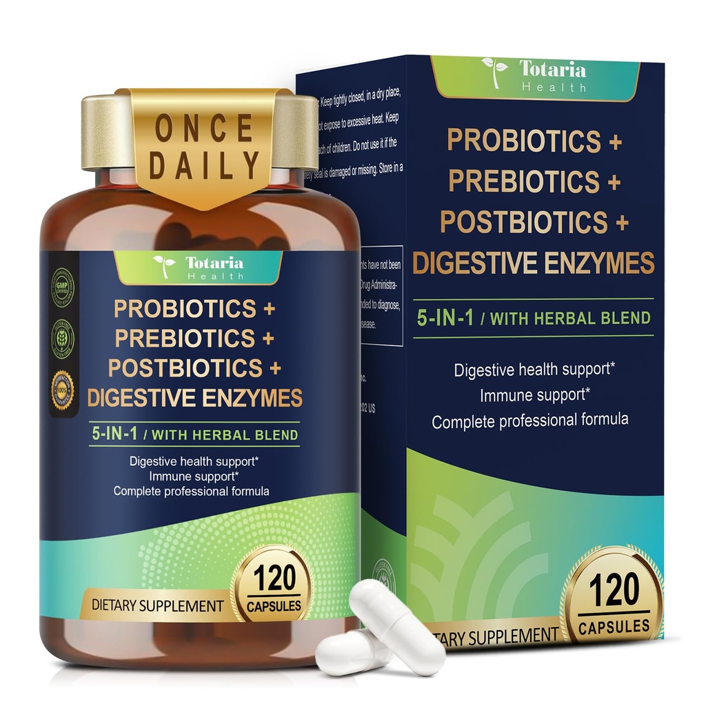 Totaria 5-in-1 60 Billion CFU Probiotic Prebiotic & Postbiotic for Women & Men, w/Digestive Enzymes, Slippery Elm, Daily Complete Gut Health, Digestive & Immune Support, 4 개월 공급, Vegan