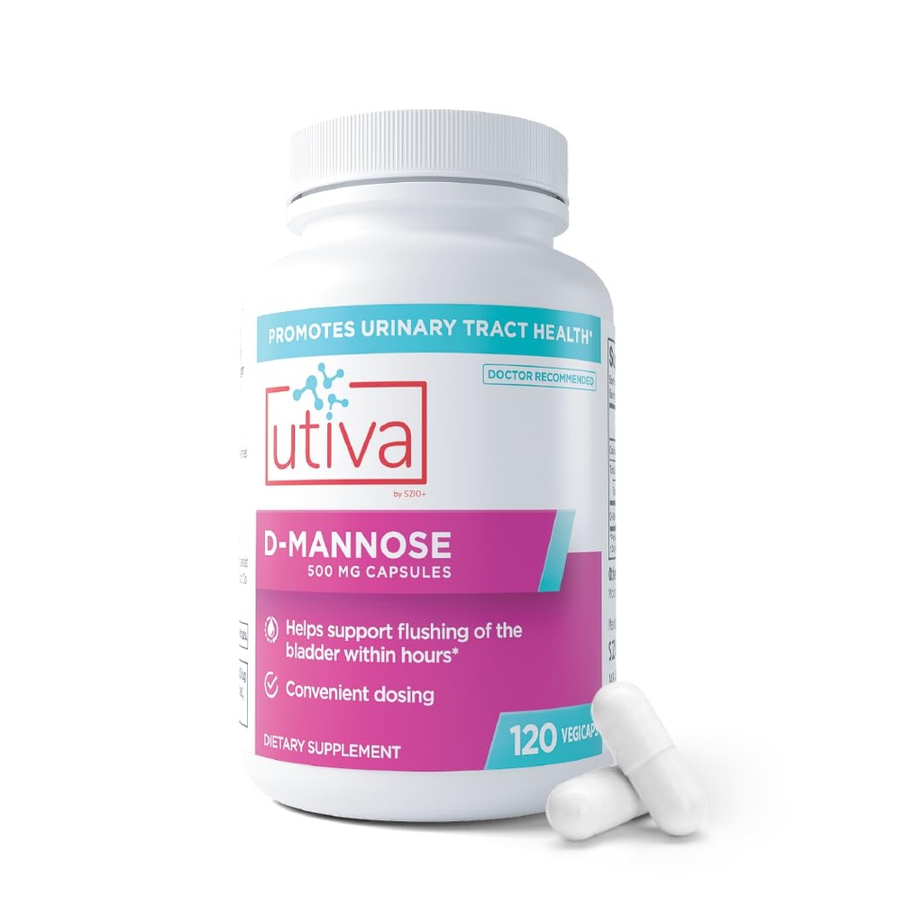 Szio + Utiva D-Mannose 500mg 캡슐 - 자연적으로 플러시 Bladder 및 Urinary Tract - UTI 피임 - 여성을위한 D Mannose 보충제 - Urinary Tract Infection 치료, 120 캡슐 지원