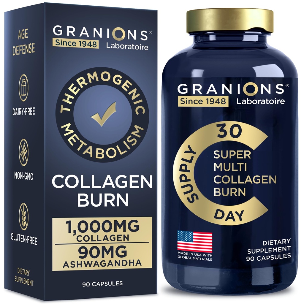 Granions Thermogenic Hydrolyzed Collagen Burn - 히알루 론산, 비타민 C - 셀룰 라이트 방어 및 피부 수리 여성과 남성을위한 멀티 콜라겐 펩티드 캡슐 - 90 알약