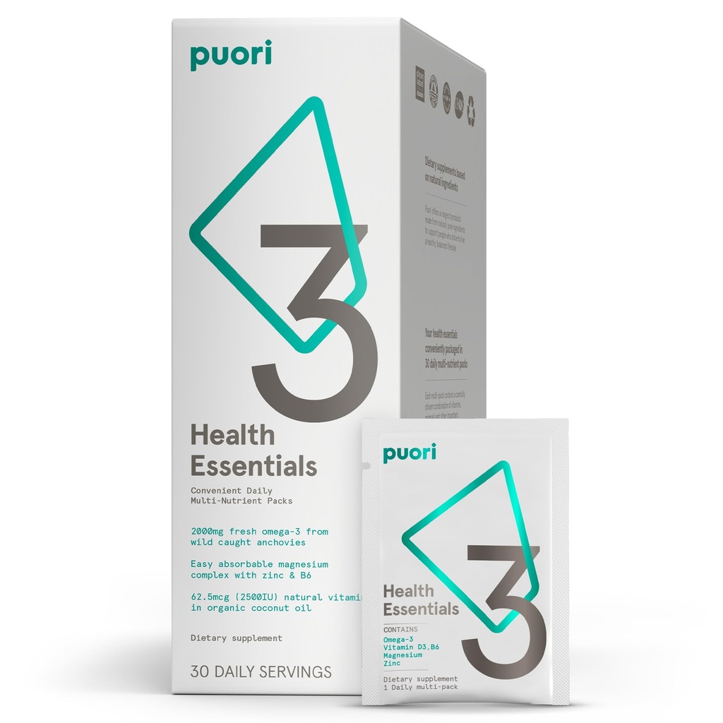 Puori P3 건강 에센셜 - 남성과 여성을위한 Multivitamins - 30 서빙 - 오메가 3, 비타민 D, 마그네슘, 아연 - 뇌 및 에너지를위한 멀티 중립