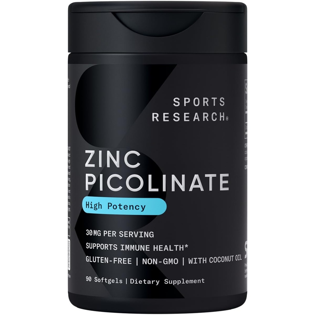 스포츠 연구 유기 코코넛 오일과 높은 효능 아연 Picolinate 30mg | 건강한 면역 및 효소 기능을위한 높은 흡수성 아연 보충 - 비 GMO 테스트 및 글루텐 프리 (90 액체 Softgel)