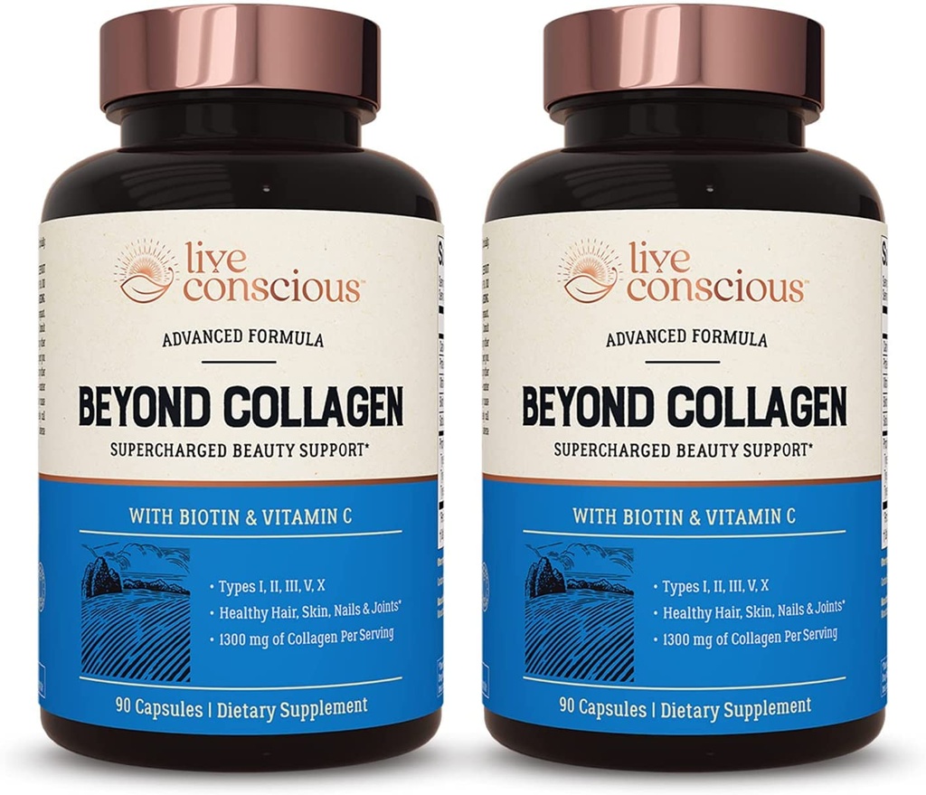 Collagen Multi Collagen 캡슐에 대한 라이브 의식 - 유형 I, II, III, V & X | 헤어, 스킨, 네일 90 캡슐 (2 팩)에 대한 Biotin & Vitamin C와 하이드로즈 혼합