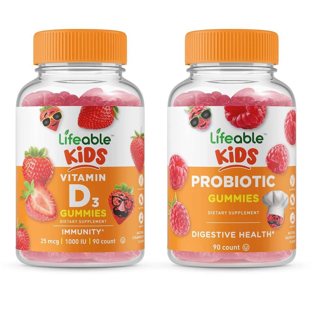 Lifeable Probiotic 2 억 CFU 키즈 + 비타민 D 어린이, Gummies 번들 - 훌륭한 타스팅, 비타민 보충, 글루텐 무료, GMO 무료, Chewable Gummy