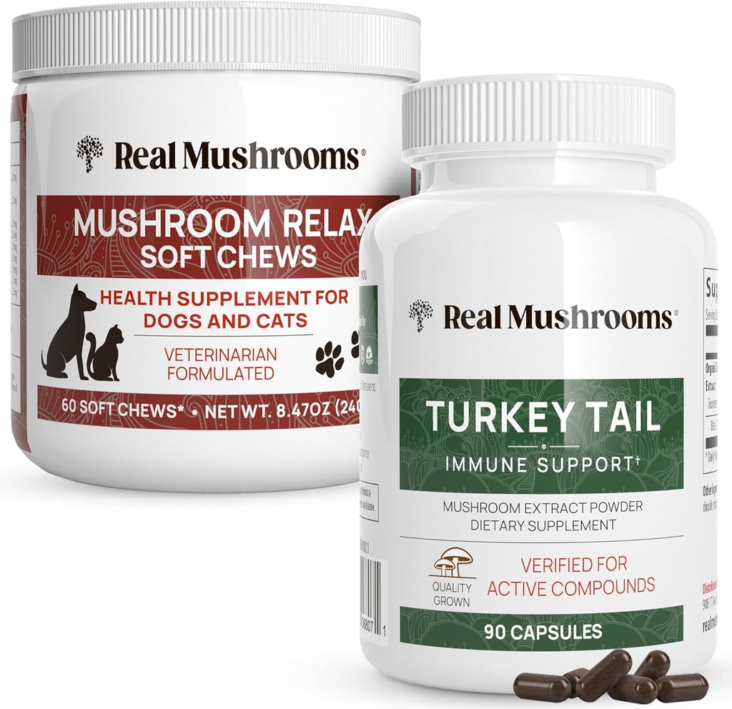 Humans (90ct) & Mushroom Pet Relax Chews (60 Chews)를 위한 진짜 버섯 터키 꼬리 - Immunity & Relaxation를 위한 뭉치 - Vegan, Non-GMO, 글루텐 자유로운, 곡물 자유로운 버섯 추출물 보충교재