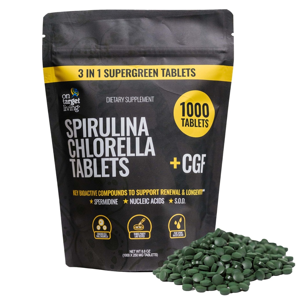 대상 Living Spirulina Chlorella + CGF | 1000 Supergreen Tablets | Vegan | Immune Support | 단백질 함량이 높은 | 알칼리성 | 영양분 | 에너지 | 회복