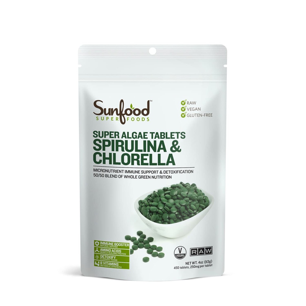 Sunfood Superfoods Chlorella Spirulina Tablets - 여성 및 남성용 Spirulina 및 Chlorella Green Algae Tablets, 클로로필 B 비타민 및 단백질, 브로큰 셀 벽, 비건 - 4 oz Bag