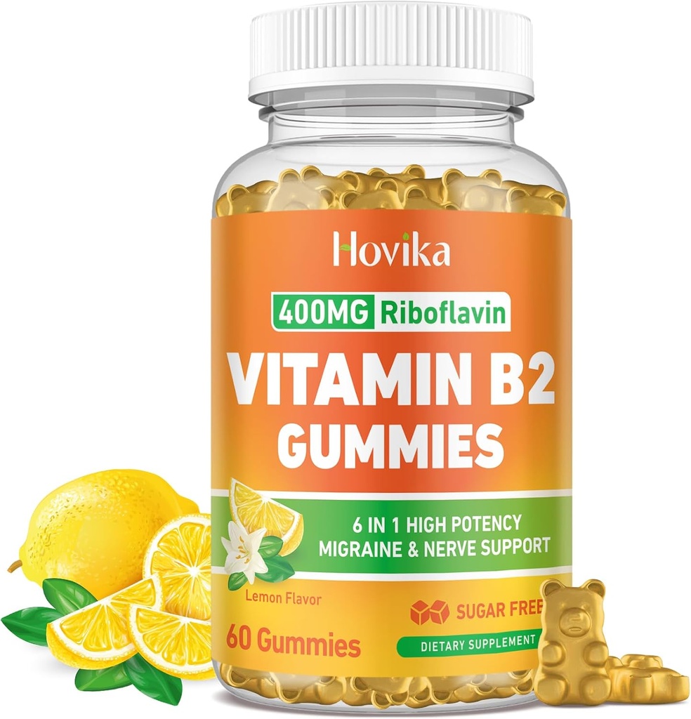 비타민 B2 Gummies Riboflavin 400mg 남성 및 여성을위한 보충 - 순수한 마그네슘, Ashwagandha, CoQ10, Omega 3, 비타민 B12 - 편두통 구호 및 에너지, 신경 시스템 지원 - 설탕 무료, 60 카운트