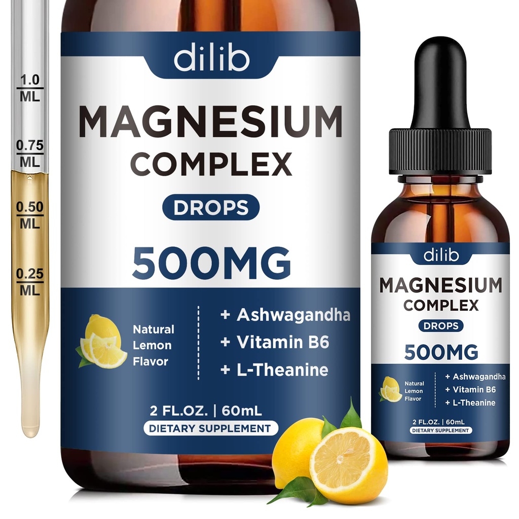 마그네슘 글리세라이드 액체 드롭, 시트레이트, 말레이트 500mg Ashwagandha, L-Theanine, 수면을위한 비타민 B6, Calm, 스트레스 릴리프, 뼈, 근육, 무 - 레몬 맛