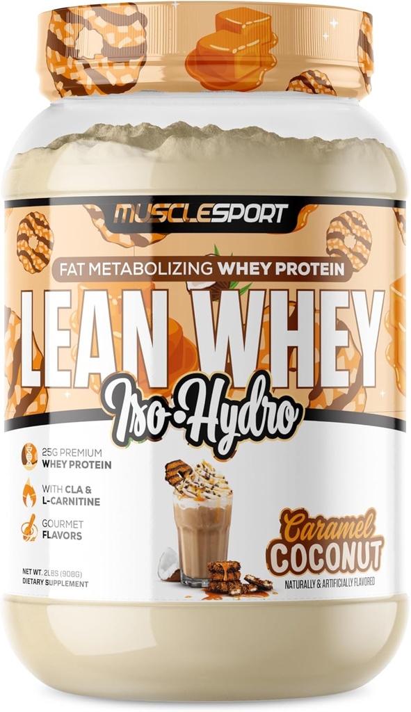 Musclesport Lean Whey RevolutionTM Protein Powder - Whey Protein Isolate - 낮은 칼로리, 낮은 차브, 낮은 지방, 식용 풍미 - 25g Protein per Scoop (2LB, Coconut Caramel)