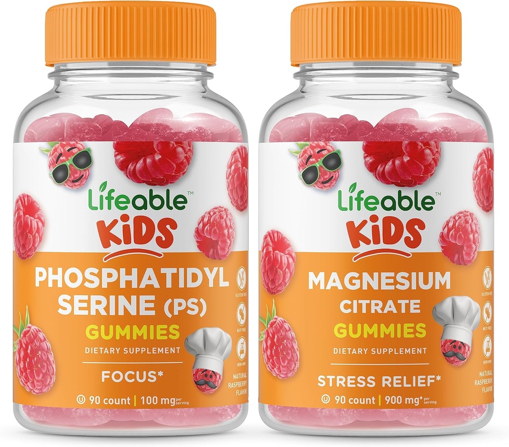 Lifeable Phosphatidylserine (PS) 키즈 + 마그네슘 키즈, Gummies 번들 - 훌륭한 타스팅, 비타민 보충, 글루텐 무료, GMO 무료, Chewable Gummy