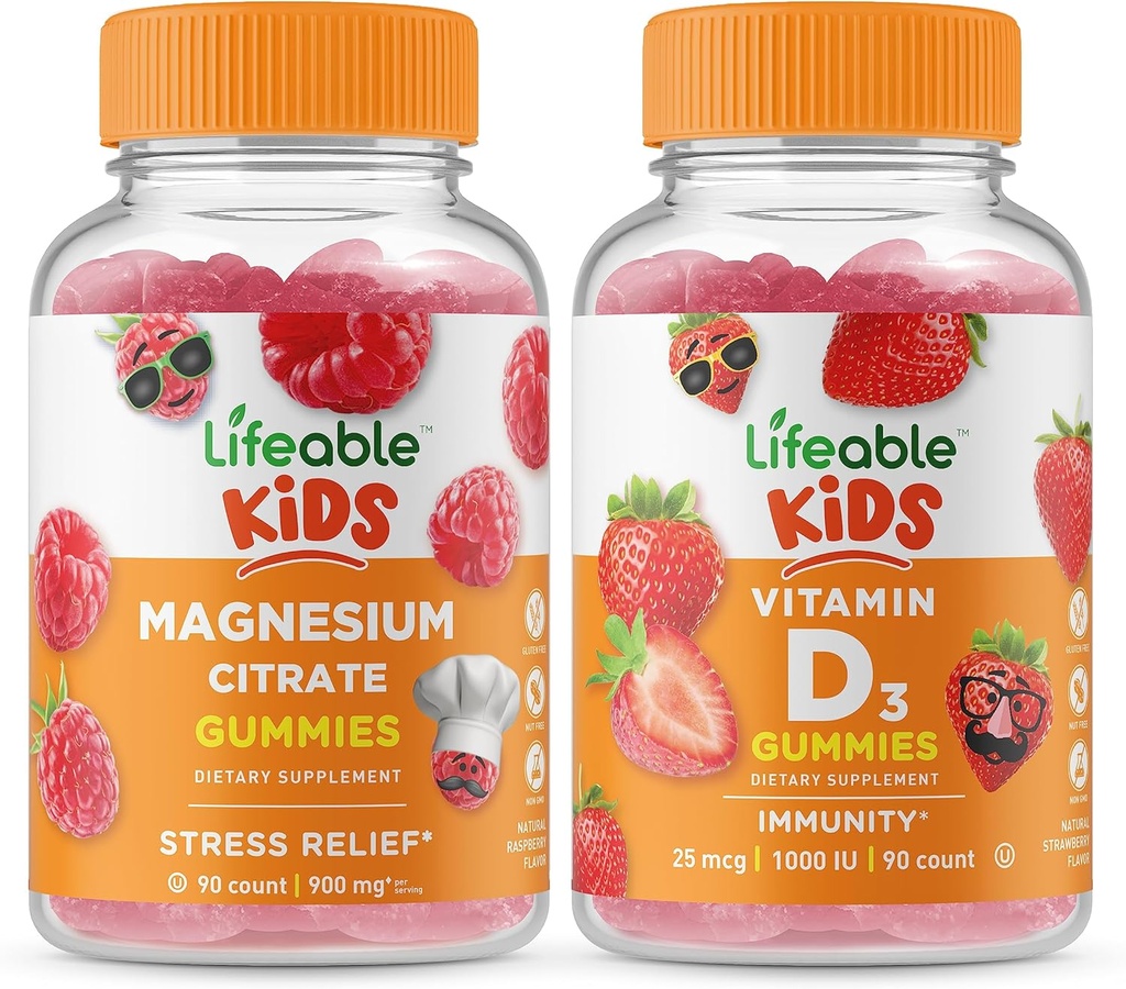 Lifeable 마그네슘 키즈 + 비타민 D 키즈, Gummies 번들 - 훌륭한 타스팅, 비타민 보충, 글루텐 무료, GMO 무료, Chewable Gummy