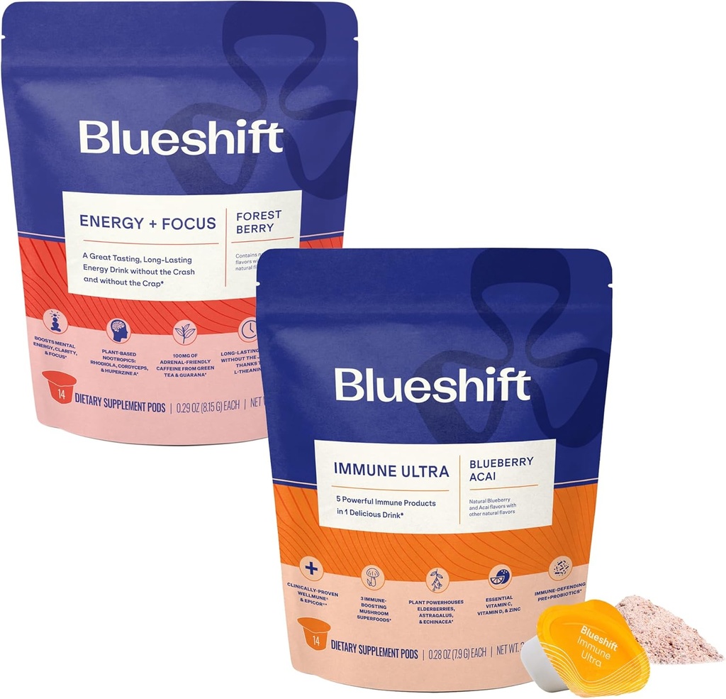 Blueshift Energy + Focus & Immune Ultra Bundle - 에너지 음료 포드, 면역 지원 분말, 에너지 및 면역 방어를위한 음료 혼합, 비타민 보충 - Energy+Focus (14 팩) & Immune Ultra (14 팩)