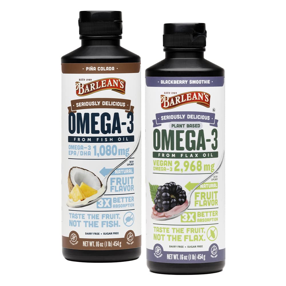 Barlean's Omega 3 액체 보충교재 뭉치, BlackBerry Smoothie Flax씨 기름과 Piña Colada 물고기 기름은 놓습니다, 16 oz