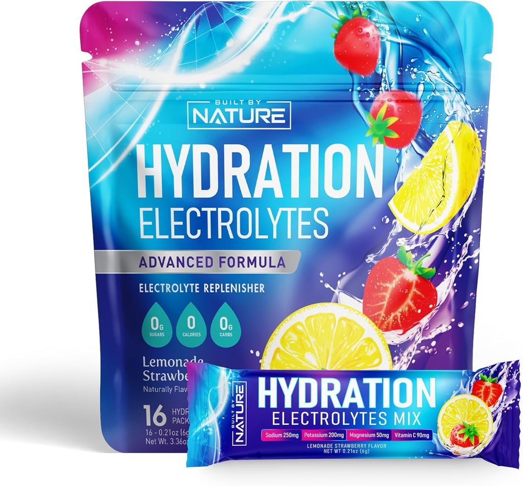 Electrolytes Powder Hydration Packets – 나트륨, 칼륨, 마그네슘, 칼슘, 비타민 C 및 아연과의 복구 음료 혼합 – 설탕 무료, 케토, 비 GMO & Vegan – Strawberry Lemonade – 16 스틱