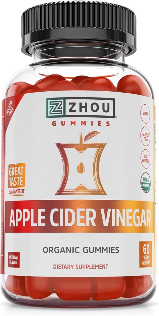 Zhou Apple Cider Vinegar Gummies - Elderberry와 여성과 남성을위한 ACV Gummies, Raw Cane Sugar, USDA Organic과 맛있는 맛 - 60 Vegan Gummies