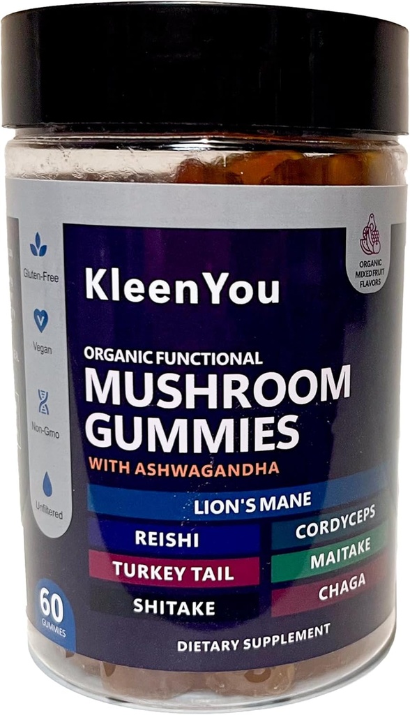 Lion's Mane & Ashwagandha 보충교재 Gummies - Cognitive & Immune 지원을 위한 포괄적인 버섯 보충교재, Reishi, Cordyceps를 가진 Vegan 혼합 - 낮은 Carb, 60 유기 버섯 Gummies
