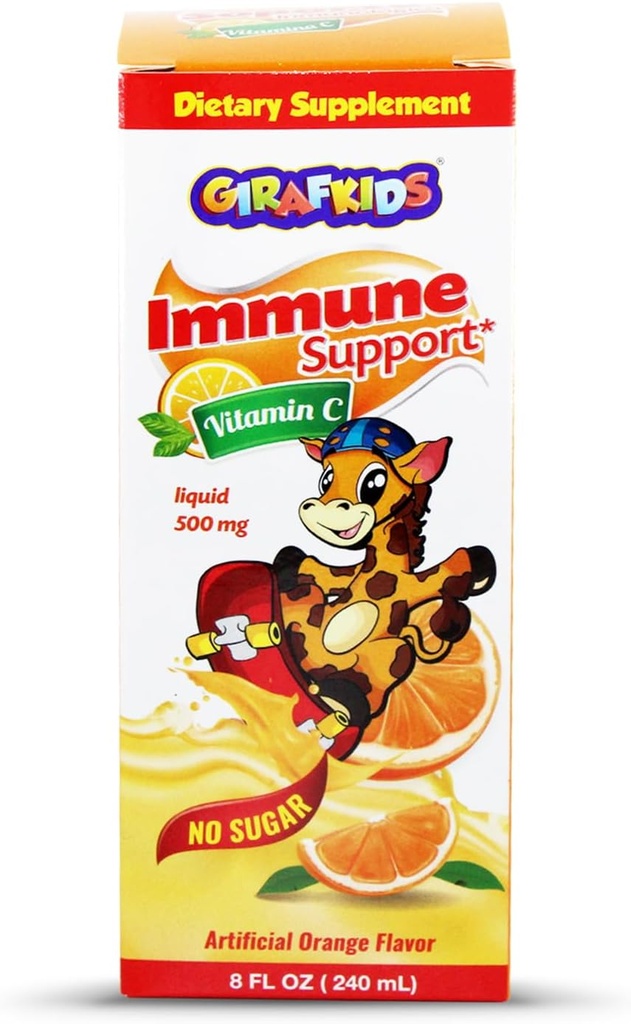 GirafKids Liquid Vitamin C for Kids Ages 4+ | 8 Fl Oz, 500mg | 안전, 프리미엄 성분이 함유 된 수갑 포뮬러 | 맛있은 오렌지 맛 | 면역 지원 및 에너지 부스트
