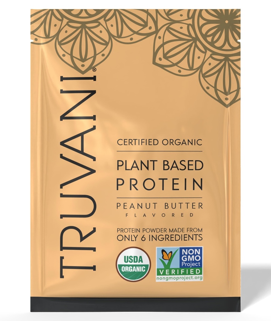 Truvani Vegan Pea Protein Powder | 땅콩 버터 | 32.7g 유기농 공장 기반 단백질 | 1 인분 | Keto | 글루텐 & 다이리 프리 | 저탄자 | 추가 설탕